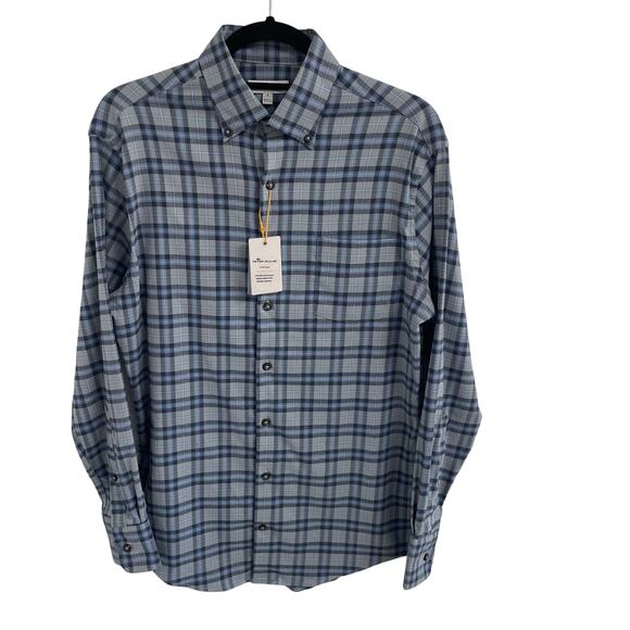 NWT Peter Millar Crown Sport Gale Gray Blue Plaid Button Down Shirt Mens Small - Picture 1 of 8